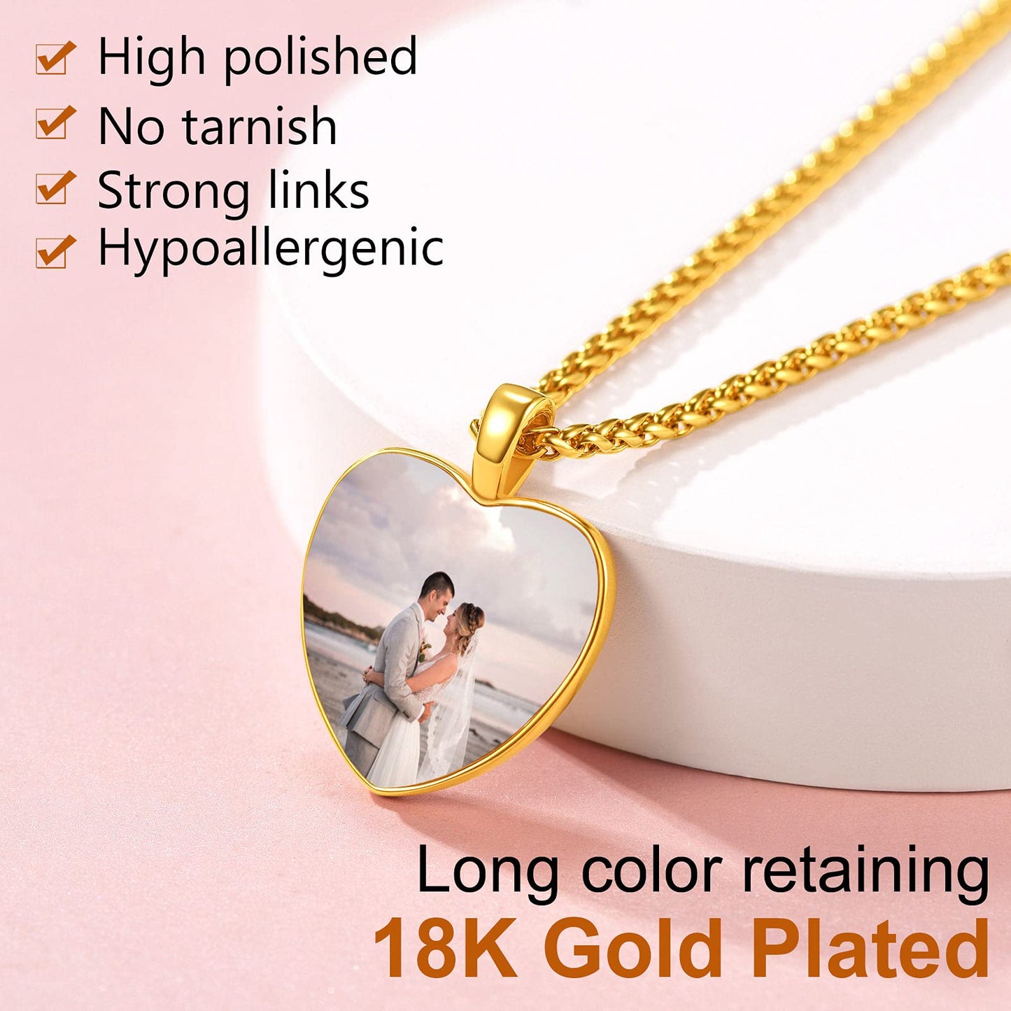 FindChic Customized Heart Photo Necklace Plain/Bling CZ/Rose/Angel Wings/Rotatable 2-Side Picture Pendant Stainless Steel/Gold Plated/Black Valentine's Jewelry Gift for Women Mom Girlfriend +Gift Box