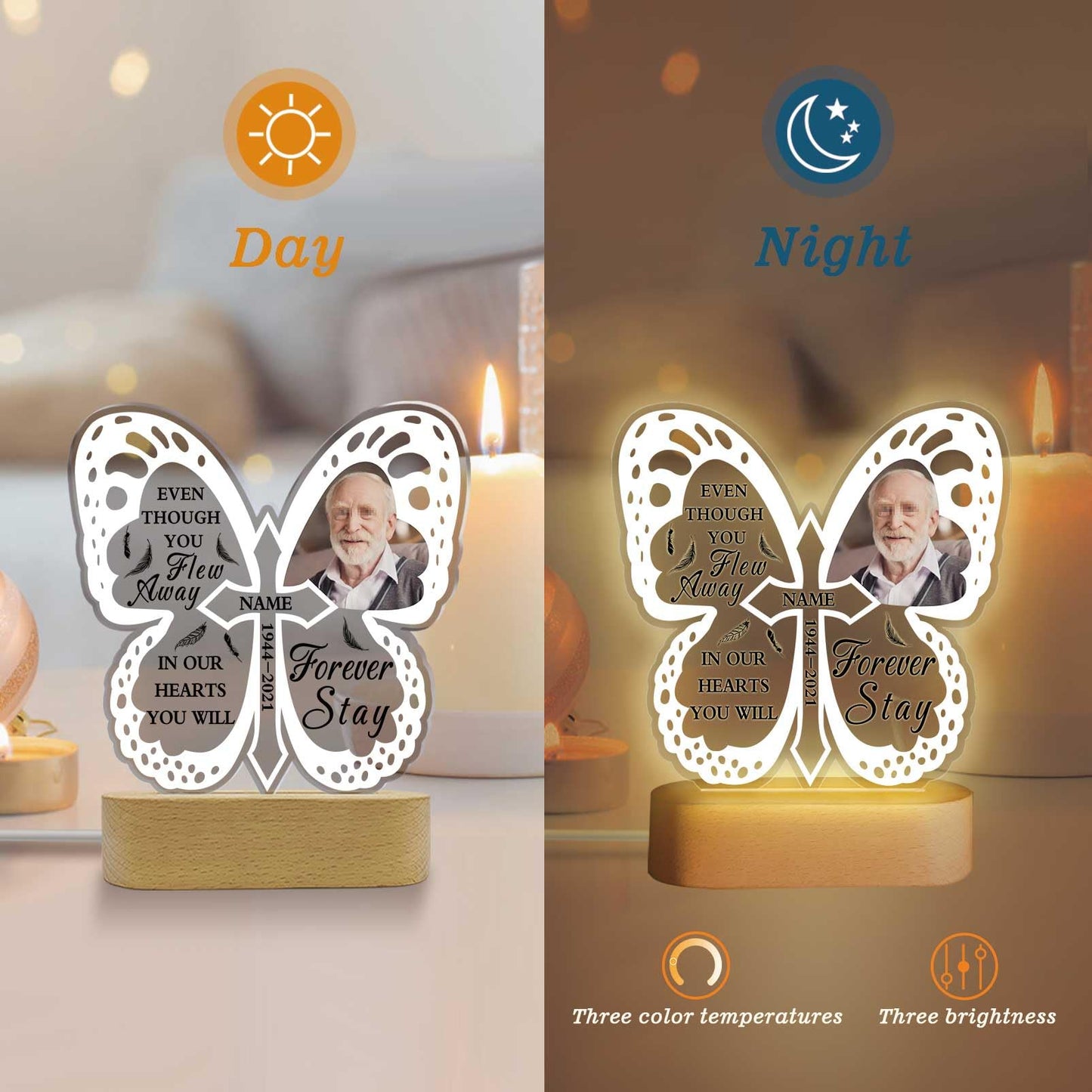 Custom Memorial Night Light Gift Personalized Light Up Acrylic Plaque Lamp Sympathy Gift Condolence Gifts with Picture Name Date(Heart Wing)