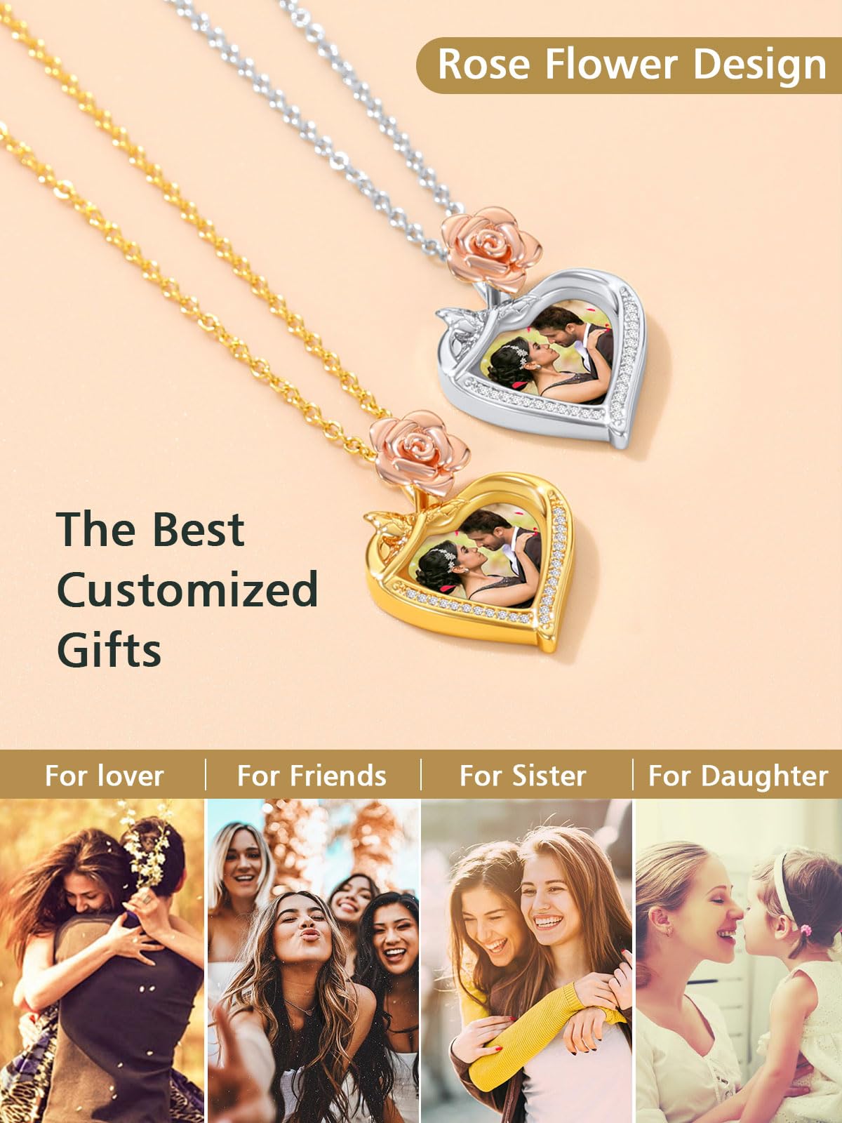 FindChic Customized Heart Photo Necklace Plain/Bling CZ/Rose/Angel Wings/Rotatable 2-Side Picture Pendant Stainless Steel/Gold Plated/Black Valentine's Jewelry Gift for Women Mom Girlfriend +Gift Box