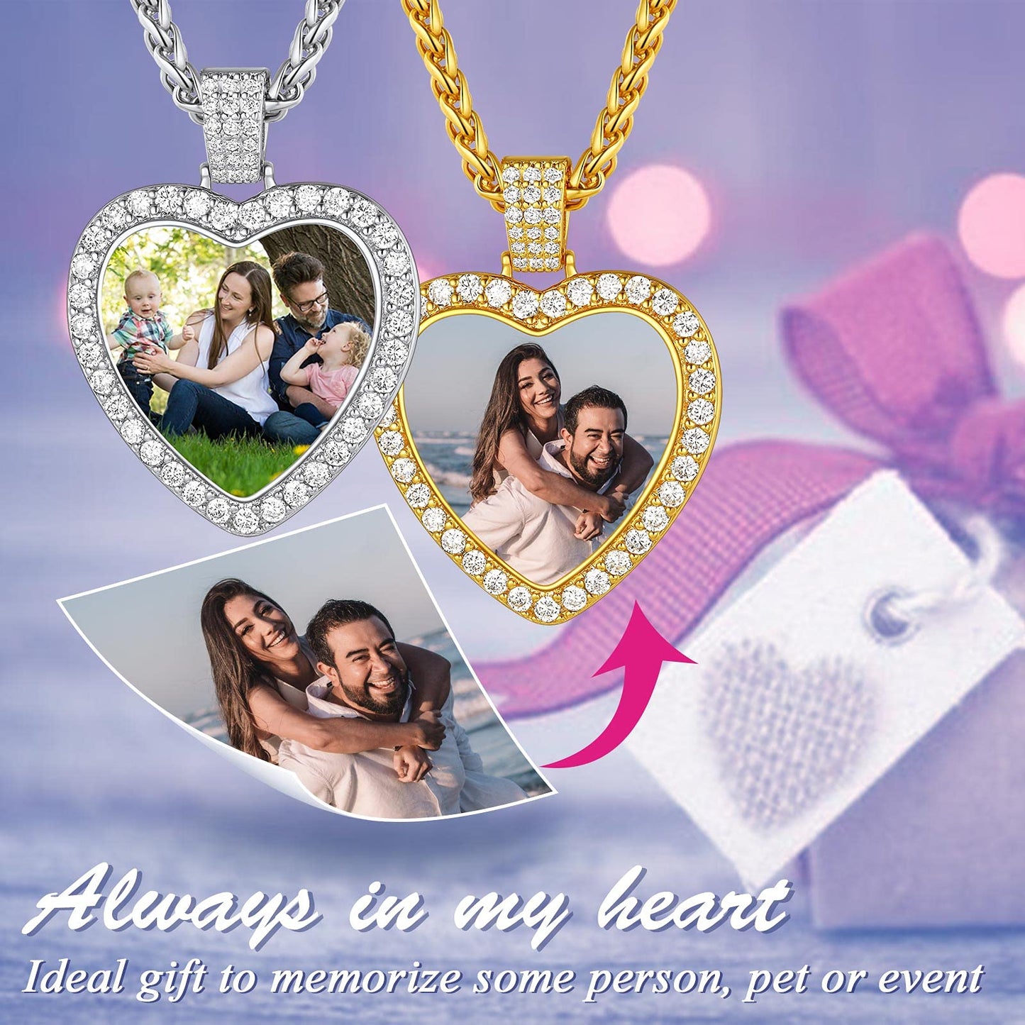 FindChic Customized Heart Photo Necklace Plain/Bling CZ/Rose/Angel Wings/Rotatable 2-Side Picture Pendant Stainless Steel/Gold Plated/Black Valentine's Jewelry Gift for Women Mom Girlfriend +Gift Box