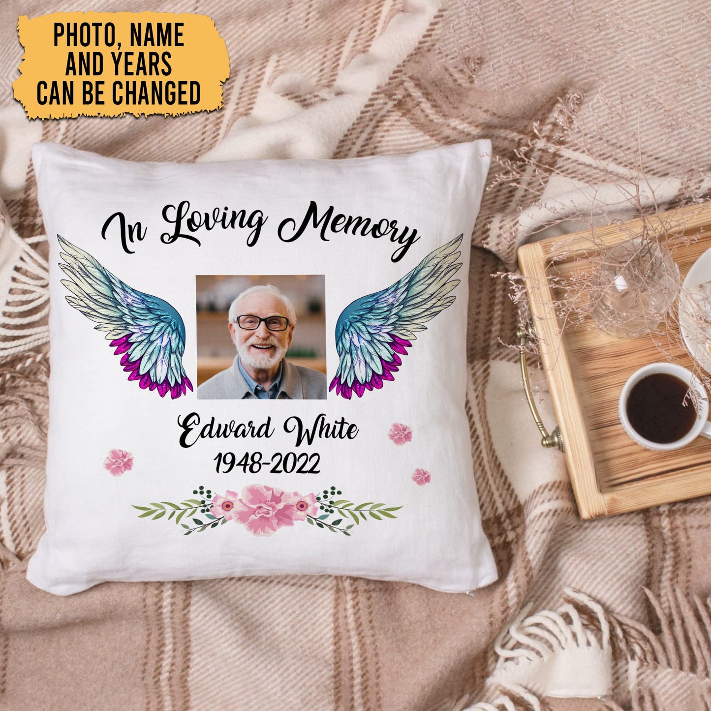 Hyturtle Personalized Memorial Sympathy Pillow with Insert 12"x12" Double-Sided Printed Gifts for Loss of Loved Ones - Remembrance Bereavement Gifts - Custom Picture Sofa Couch Cushion Home Decor