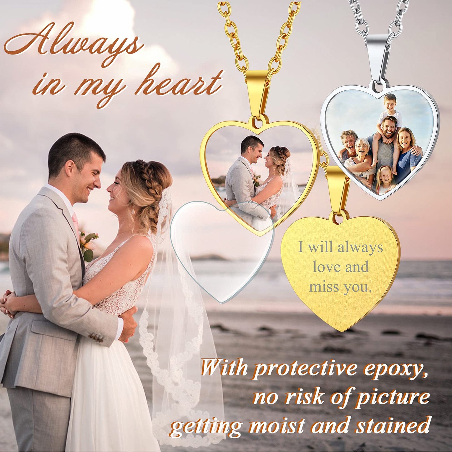 FindChic Customized Heart Photo Necklace Plain/Bling CZ/Rose/Angel Wings/Rotatable 2-Side Picture Pendant Stainless Steel/Gold Plated/Black Valentine's Jewelry Gift for Women Mom Girlfriend +Gift Box