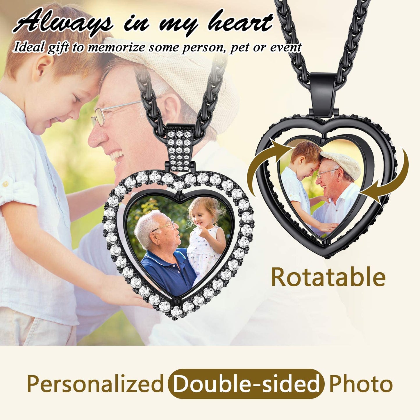 FindChic Customized Heart Photo Necklace Plain/Bling CZ/Rose/Angel Wings/Rotatable 2-Side Picture Pendant Stainless Steel/Gold Plated/Black Valentine's Jewelry Gift for Women Mom Girlfriend +Gift Box